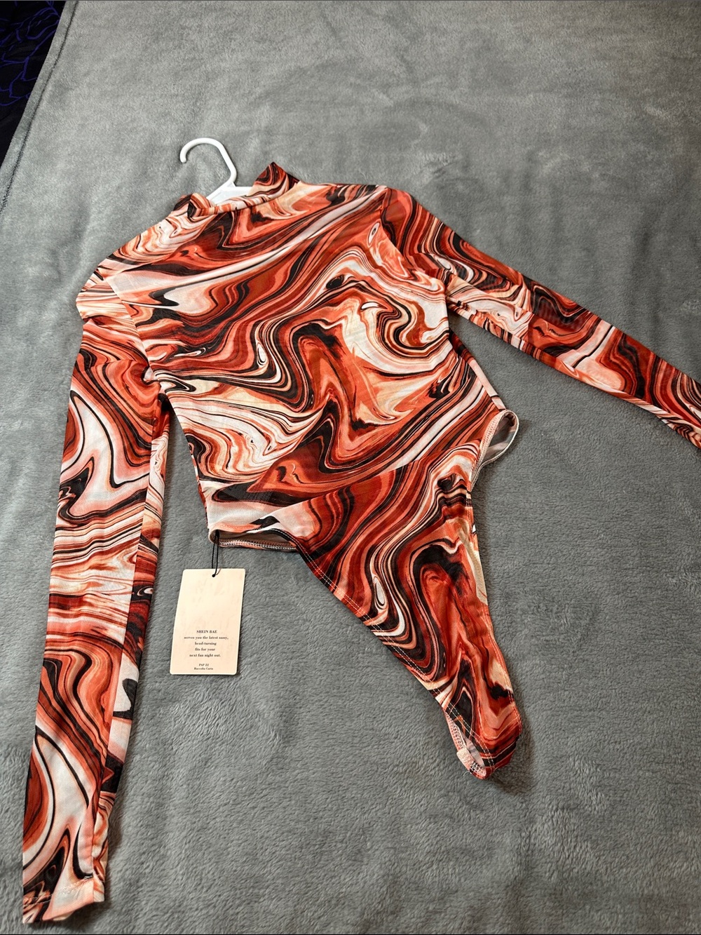 NWT SHEIN BAE Orange Swirl Cutout Long Sleeve MESH Bodysuit SZ S 🧡🤎 - Picture 7 of 10